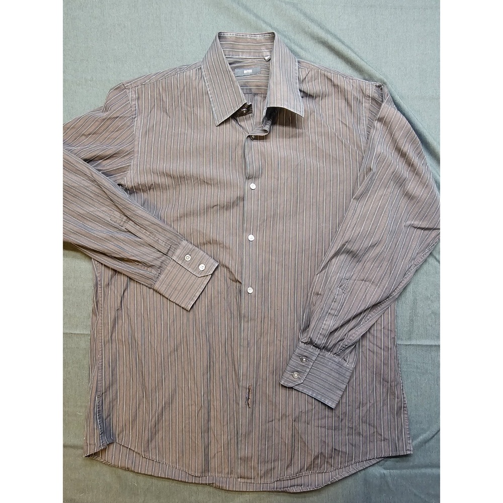 BOSS By Hugo Boss Mens Button Down Shirt 16½ 32-33 Brown Striped